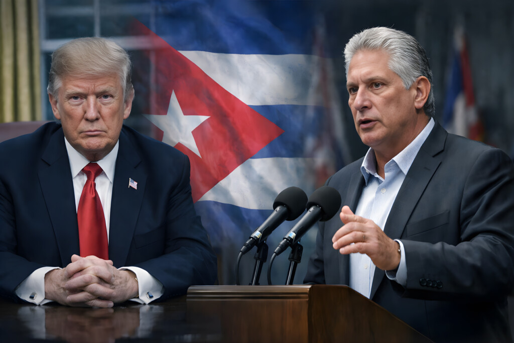 Donald Trump y Miguel Díaz-Canel en composición dividida con bandera cubana de fondo
