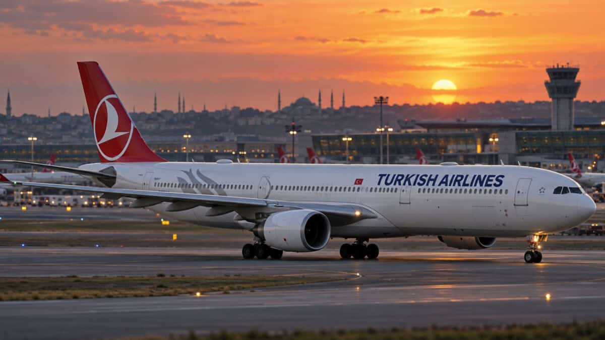 Avión de Turkish Airlines en una pista aeroportuaria al atardecer