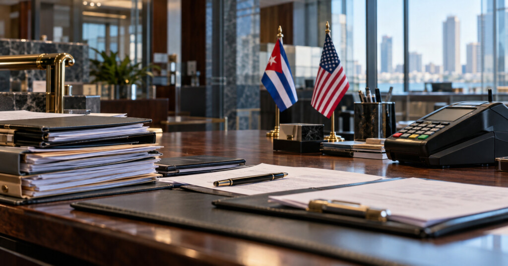 Documentos financieros y terminal bancaria sobre un escritorio, junto a pequeñas banderas de Cuba y Estados Unidos.