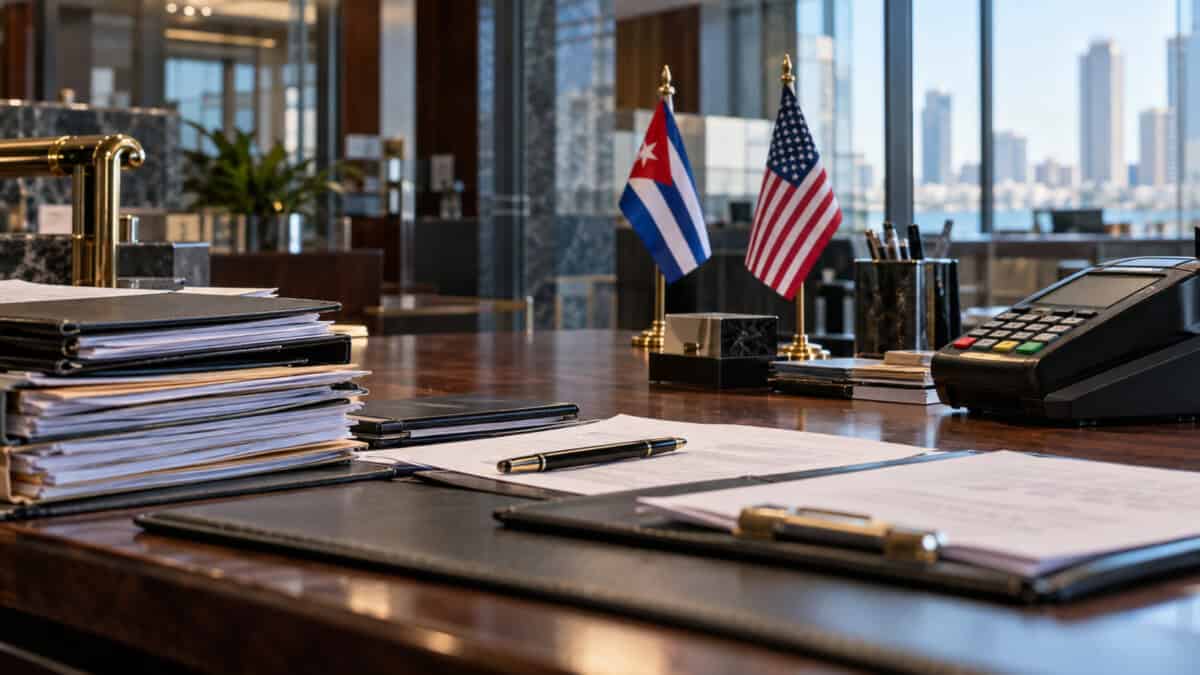 Documentos financieros y terminal bancaria sobre un escritorio, junto a pequeñas banderas de Cuba y Estados Unidos.