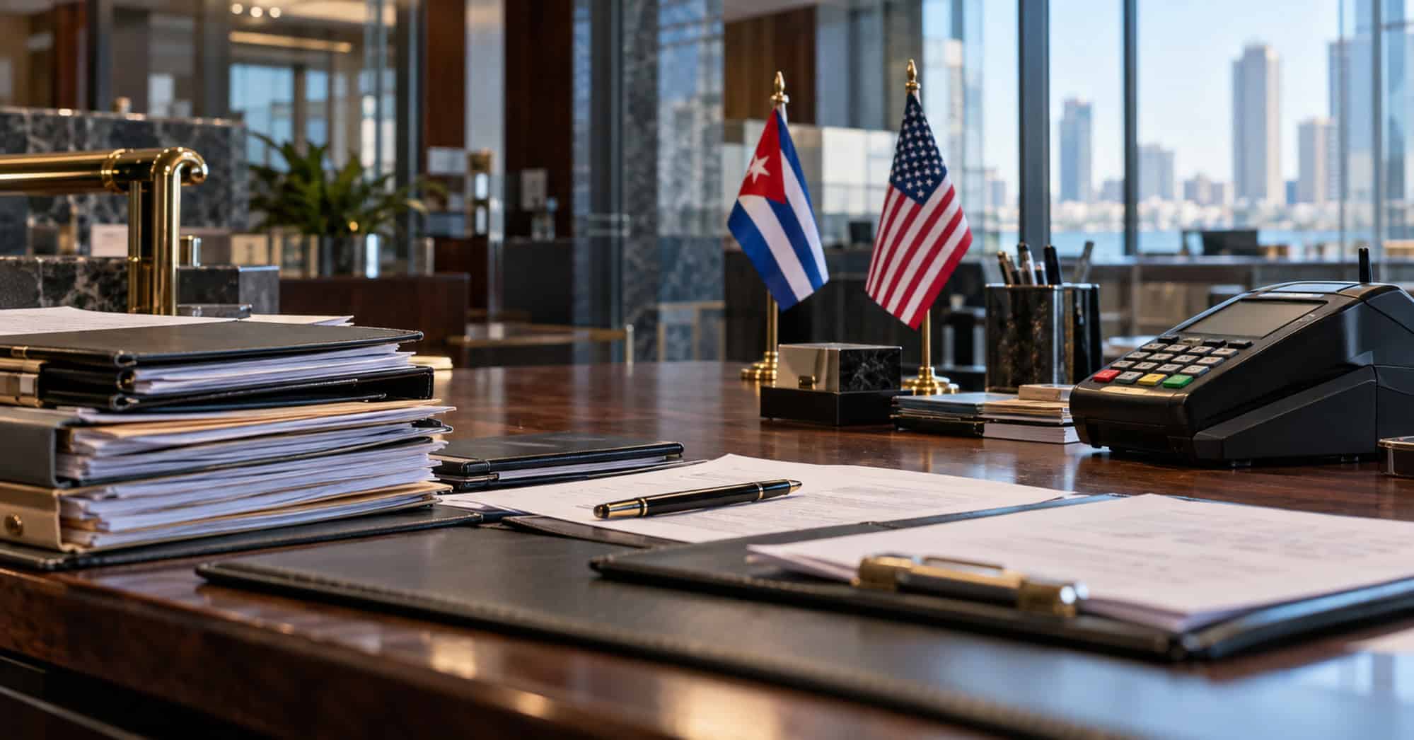 Documentos financieros y terminal bancaria sobre un escritorio, junto a pequeñas banderas de Cuba y Estados Unidos.