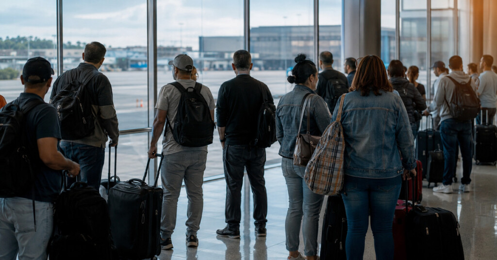 Grupo de personas con equipaje espera en un aeropuerto internacional en una escena relacionada con un traslado migratorio de ciudadanos cubanos.