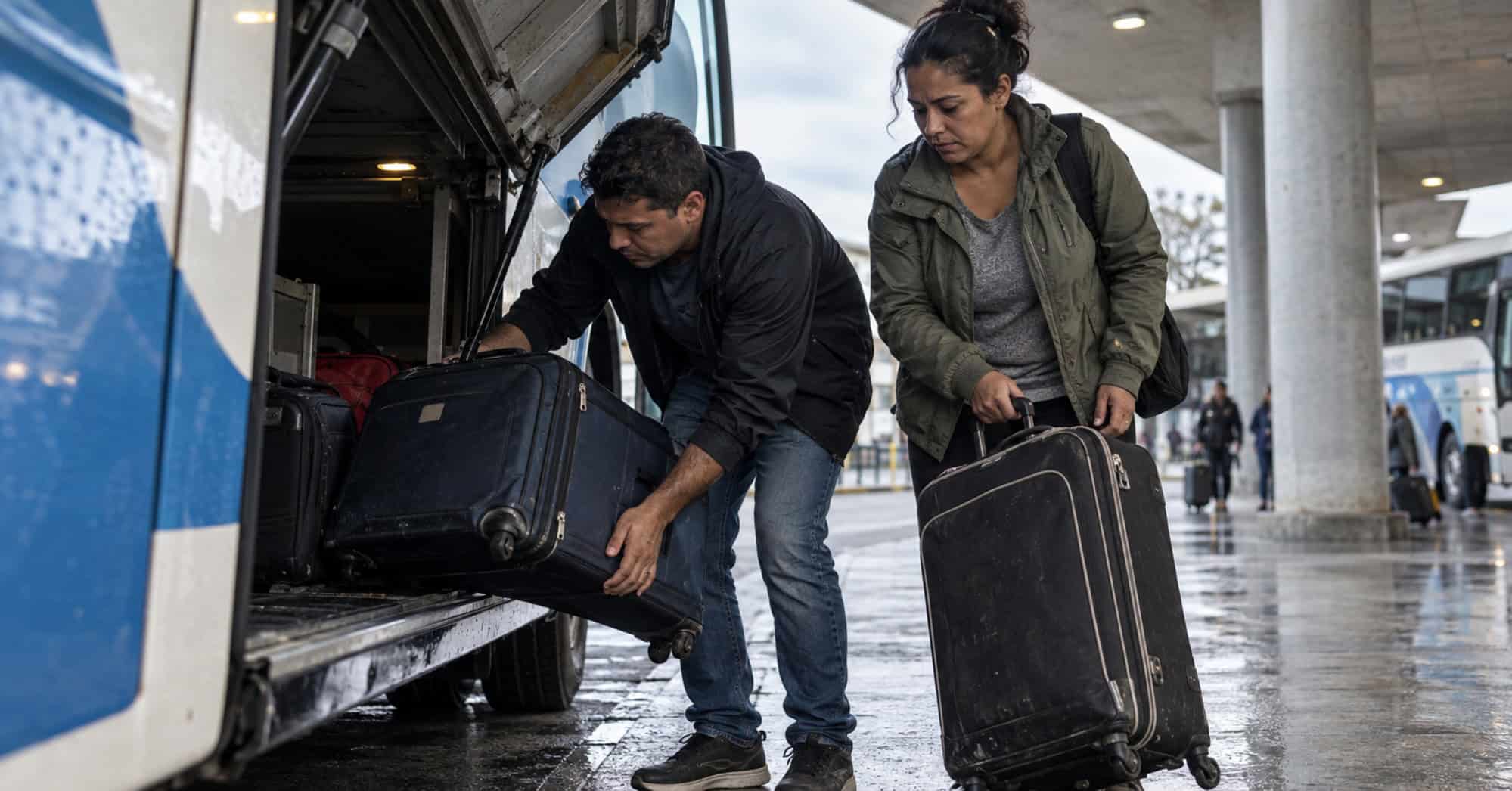 Dos adultos descargan maletas del compartimento de un autobús en una terminal de ómnibus de Uruguay.