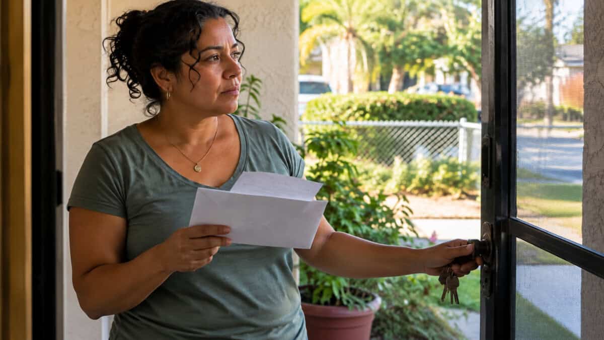 Mujer cubana de pie en la entrada de una vivienda estadounidense, sosteniendo un sobre y correspondencia.