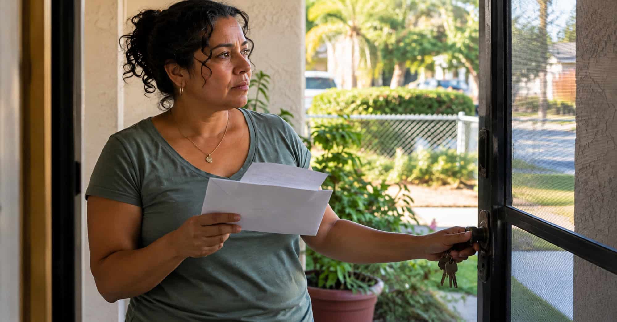 Mujer cubana de pie en la entrada de una vivienda estadounidense, sosteniendo un sobre y correspondencia.