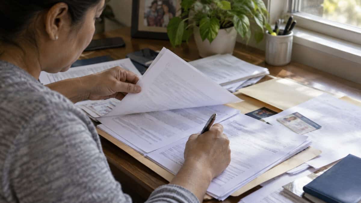 Persona inmigrante revisa cuidadosamente un expediente de documentación migratoria en una vivienda de Estados Unidos.