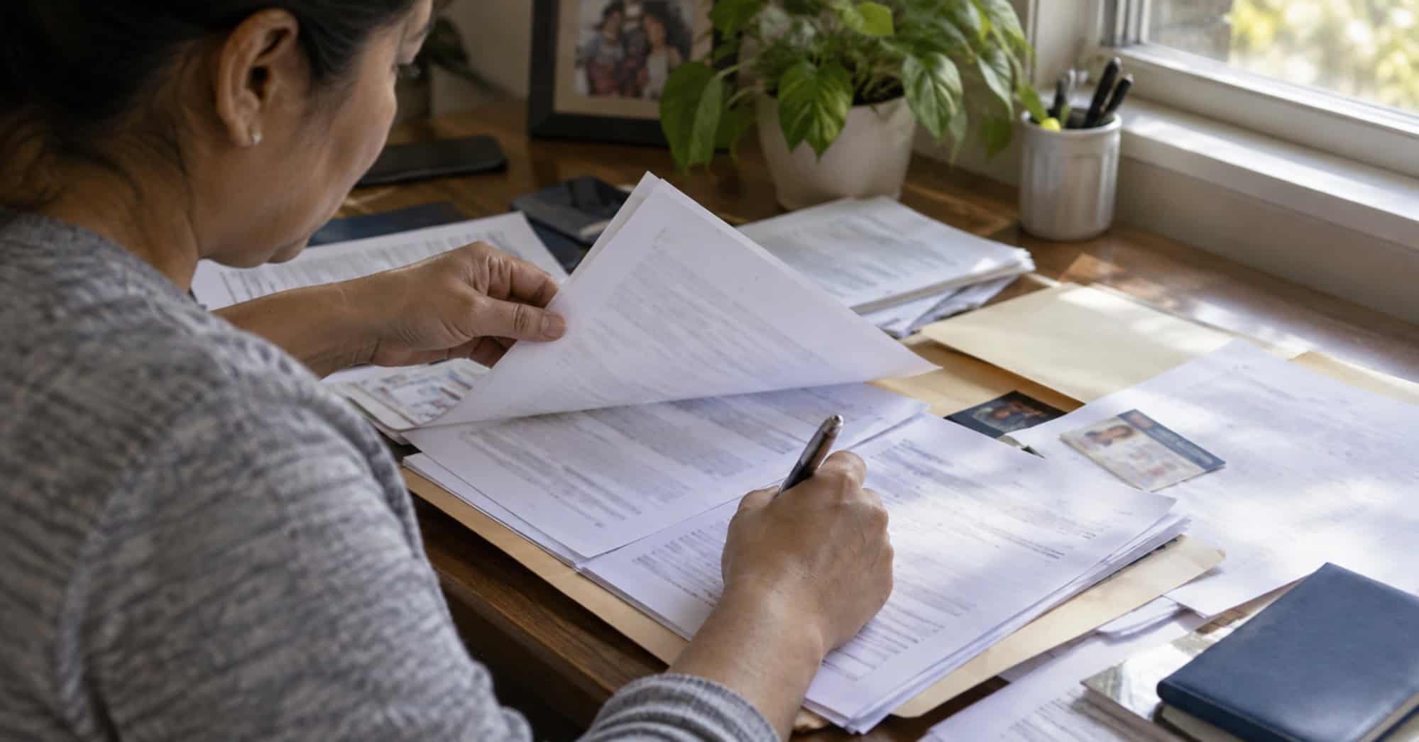 Persona inmigrante revisa cuidadosamente un expediente de documentación migratoria en una vivienda de Estados Unidos.