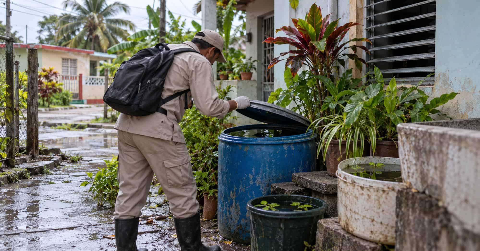 Trabajador sanitario inspecciona recipientes con agua acumulada junto a una vivienda en un barrio cubano.