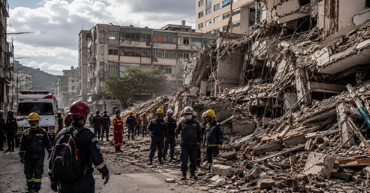 Equipos de rescate trabajan entre edificios dañados tras los terremotos registrados en Venezuela.