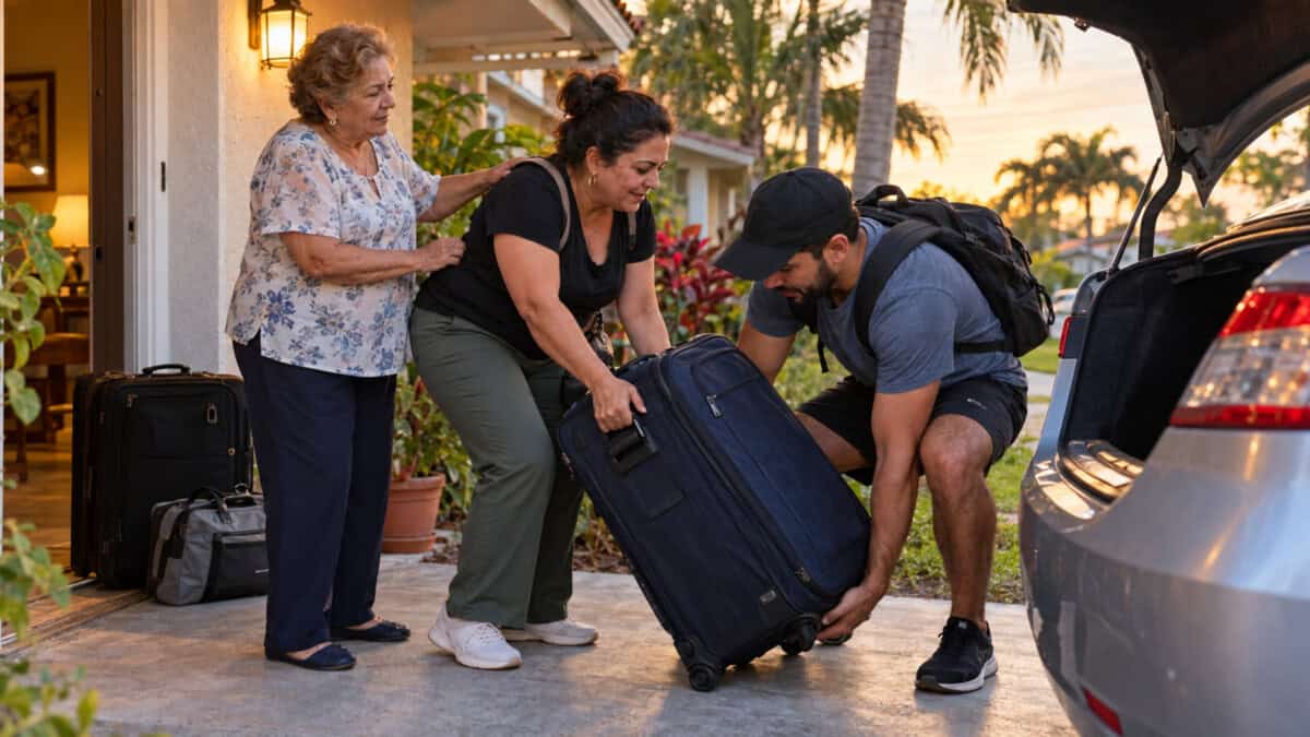 Una mujer y su hijo levantan una maleta junto a un automóvil en Miami mientras una familiar mayor los despide