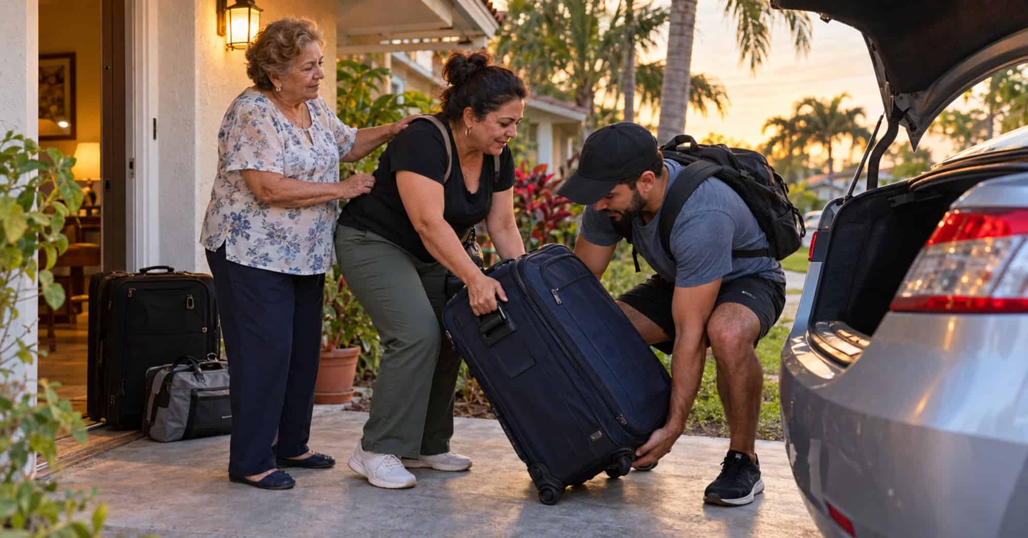 Una mujer y su hijo levantan una maleta junto a un automóvil en Miami mientras una familiar mayor los despide