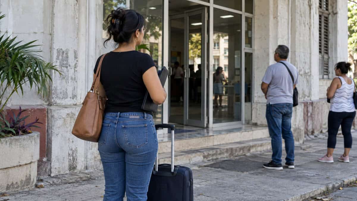 Mujer con una maleta espera frente a una oficina de trámites en Cuba.