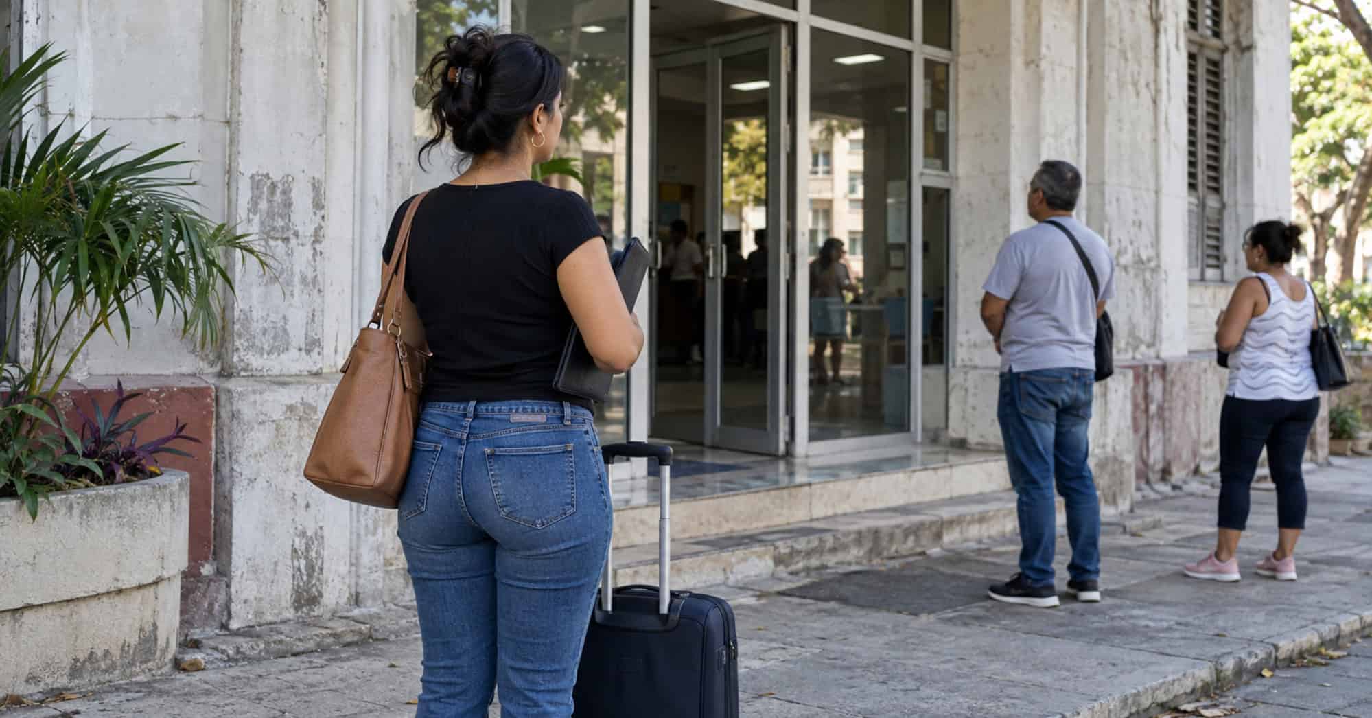 Mujer con una maleta espera frente a una oficina de trámites en Cuba.