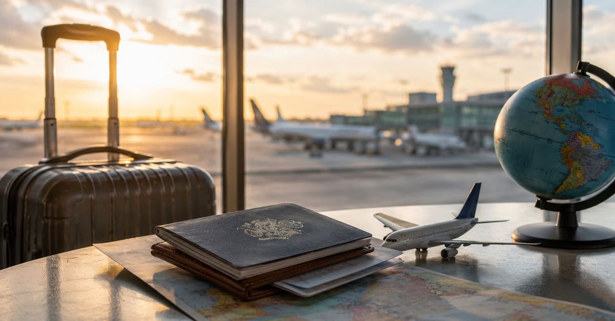 Pasaporte, documentos de viaje y maleta en un aeropuerto, ilustrando los países donde los cubanos pueden viajar sin visa en julio de 2026.