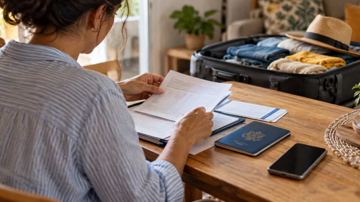 Persona revisa documentos para viajar a Cuba junto a un pasaporte, un teléfono móvil y una maleta abierta.