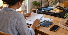Persona revisa documentos para viajar a Cuba junto a un pasaporte, un teléfono móvil y una maleta abierta.