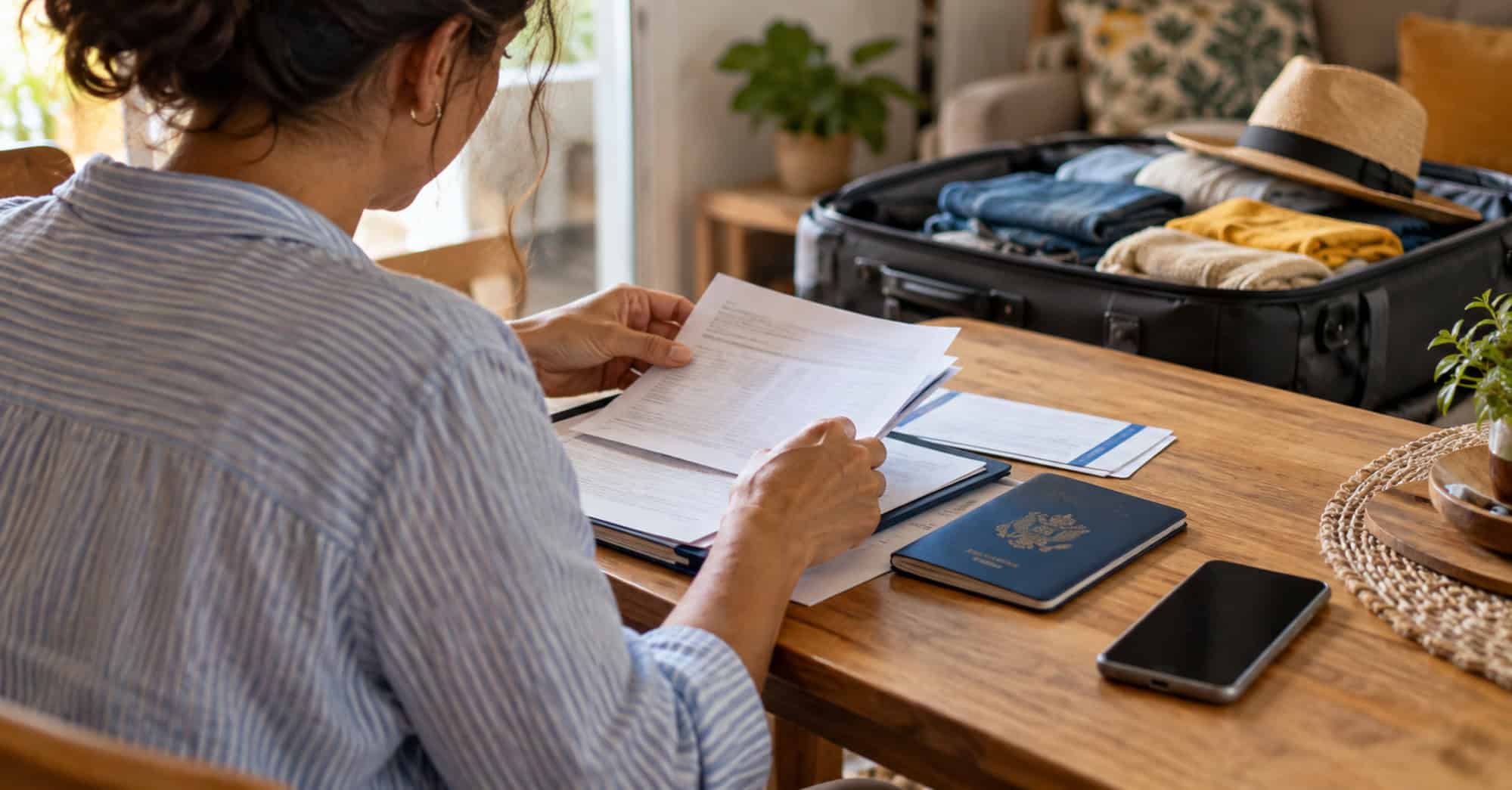 Persona revisa documentos para viajar a Cuba junto a un pasaporte, un teléfono móvil y una maleta abierta.