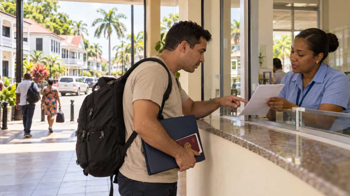 Viajero cubano consulta documentos migratorios en una ventanilla, con una calle de Paramaribo al fondo.