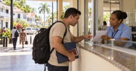 Viajero cubano consulta documentos migratorios en una ventanilla, con una calle de Paramaribo al fondo.