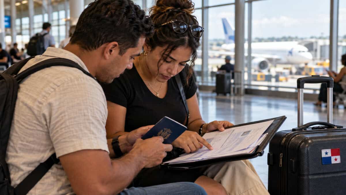 Dos viajeros cubanos revisan sus pasaportes y documentos de viaje en una terminal de aeropuerto.