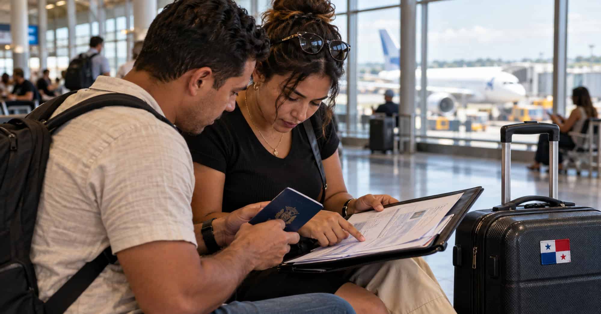 Dos viajeros cubanos revisan sus pasaportes y documentos de viaje en una terminal de aeropuerto.