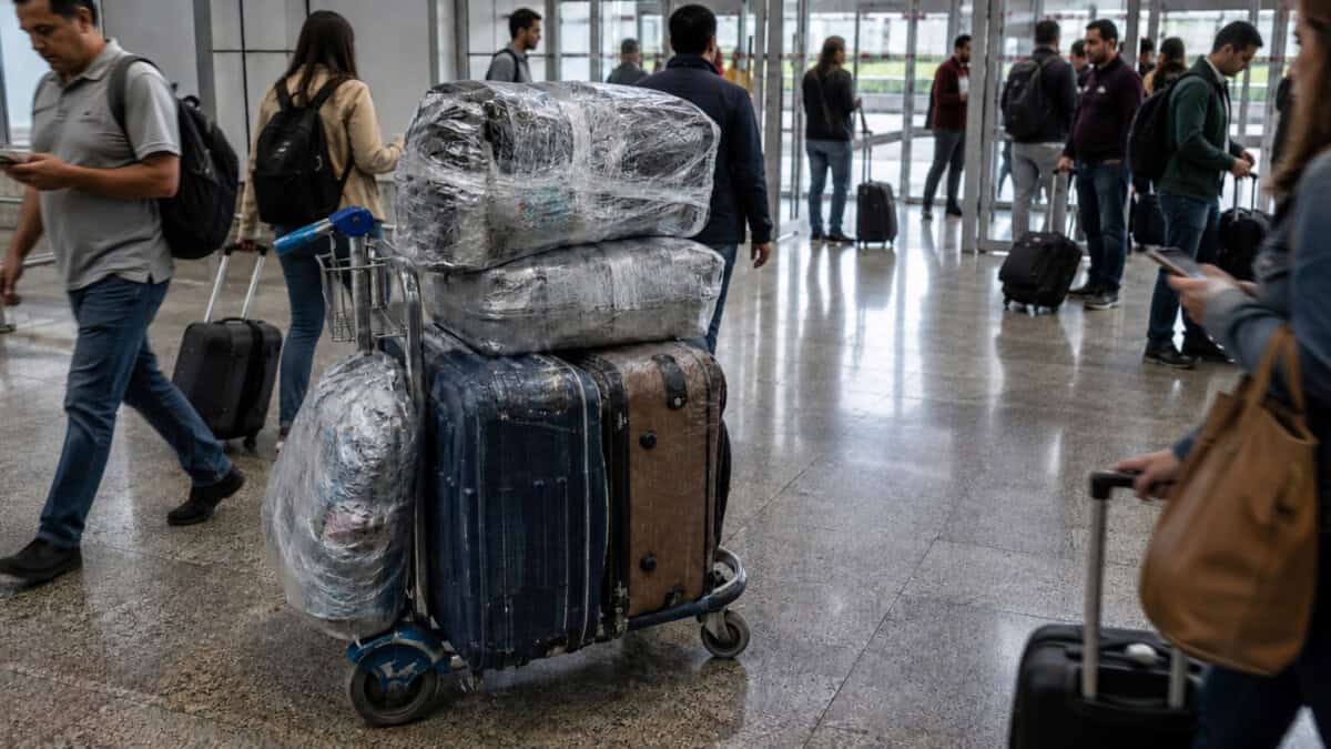 Maletas y equipajes envueltos en nailon en un aeropuerto ante las nuevas reglas de importación de Cuba.