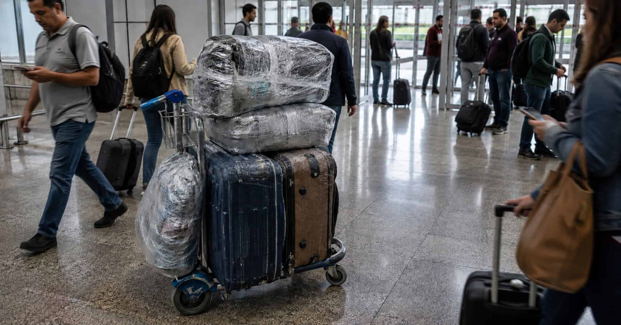 Maletas y equipajes envueltos en nailon en un aeropuerto ante las nuevas reglas de importación de Cuba.