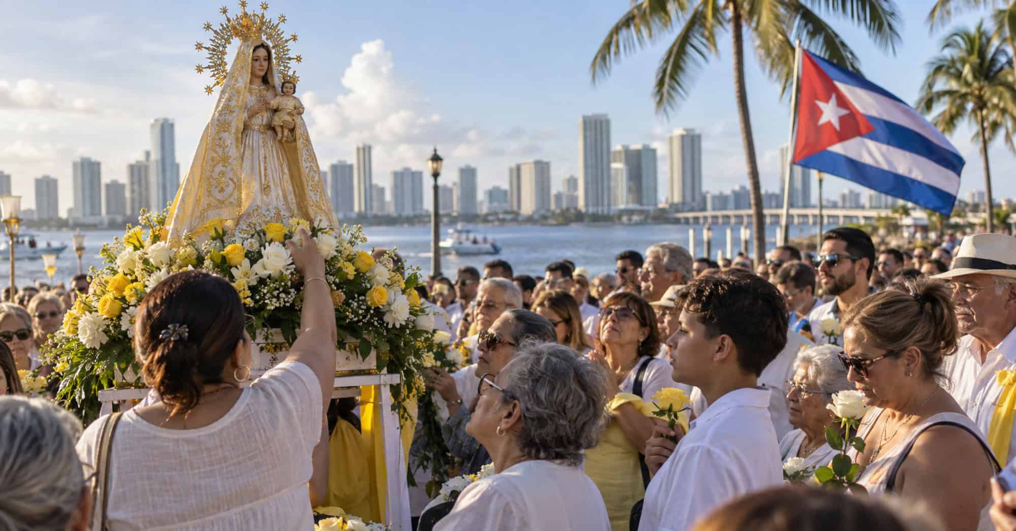 Fieles cubanos participan en una celebración dedicada a la Virgen de la Caridad del Cobre en Miami.