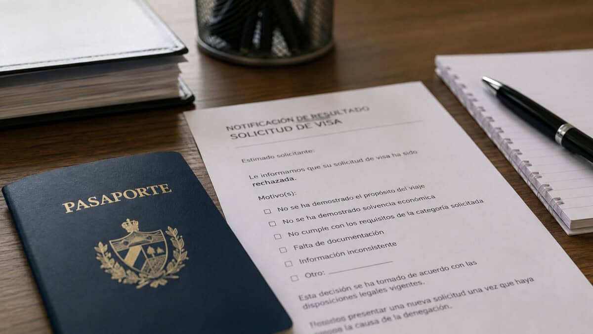 Documentos y pasaporte junto a una notificación de rechazo de solicitud de visa