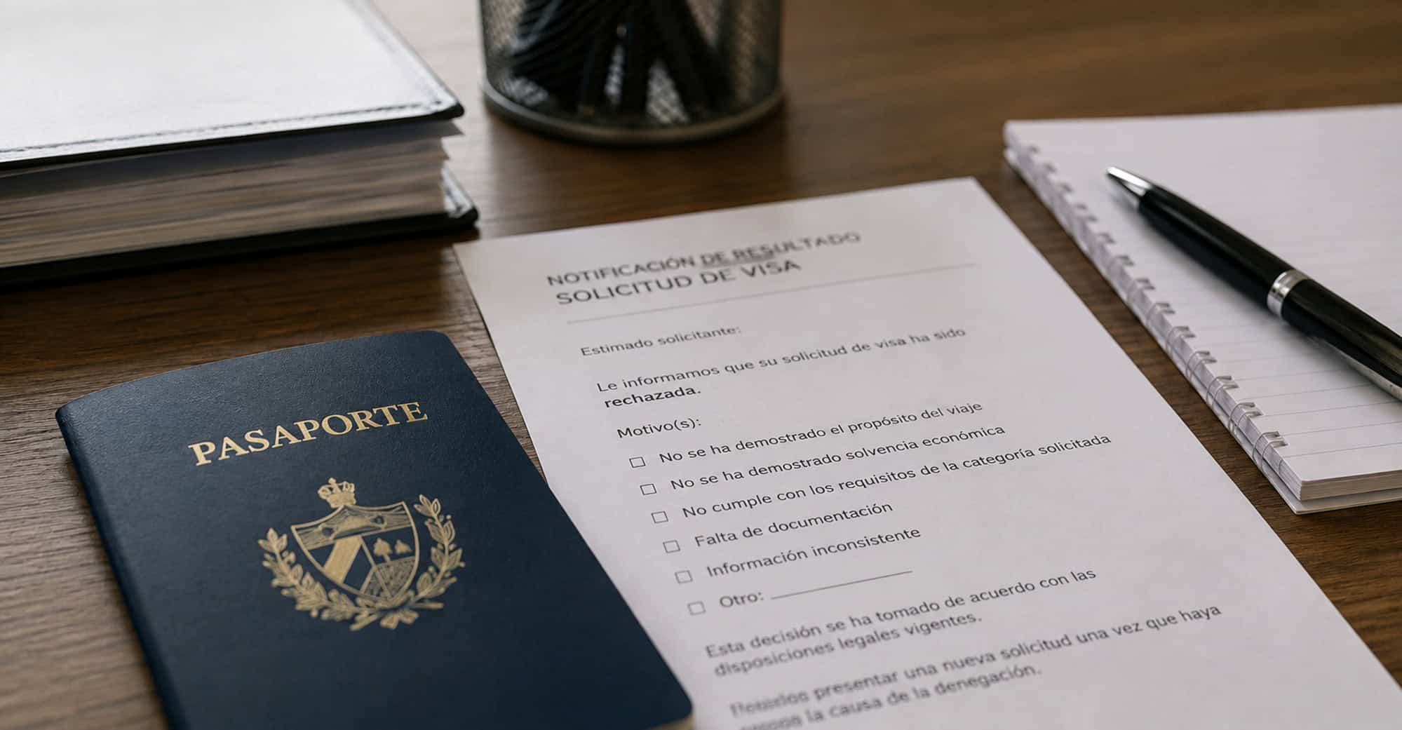 Documentos y pasaporte junto a una notificación de rechazo de solicitud de visa