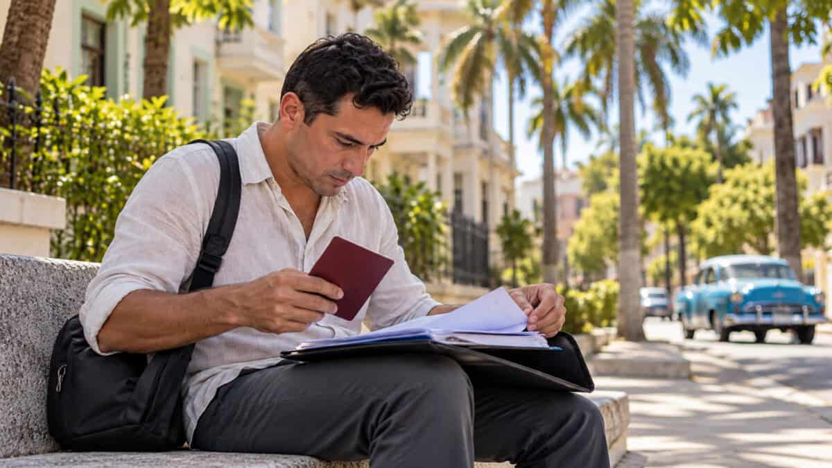 Persona revisa documentos de viaje y sostiene un pasaporte cubano en una calle de La Habana.
