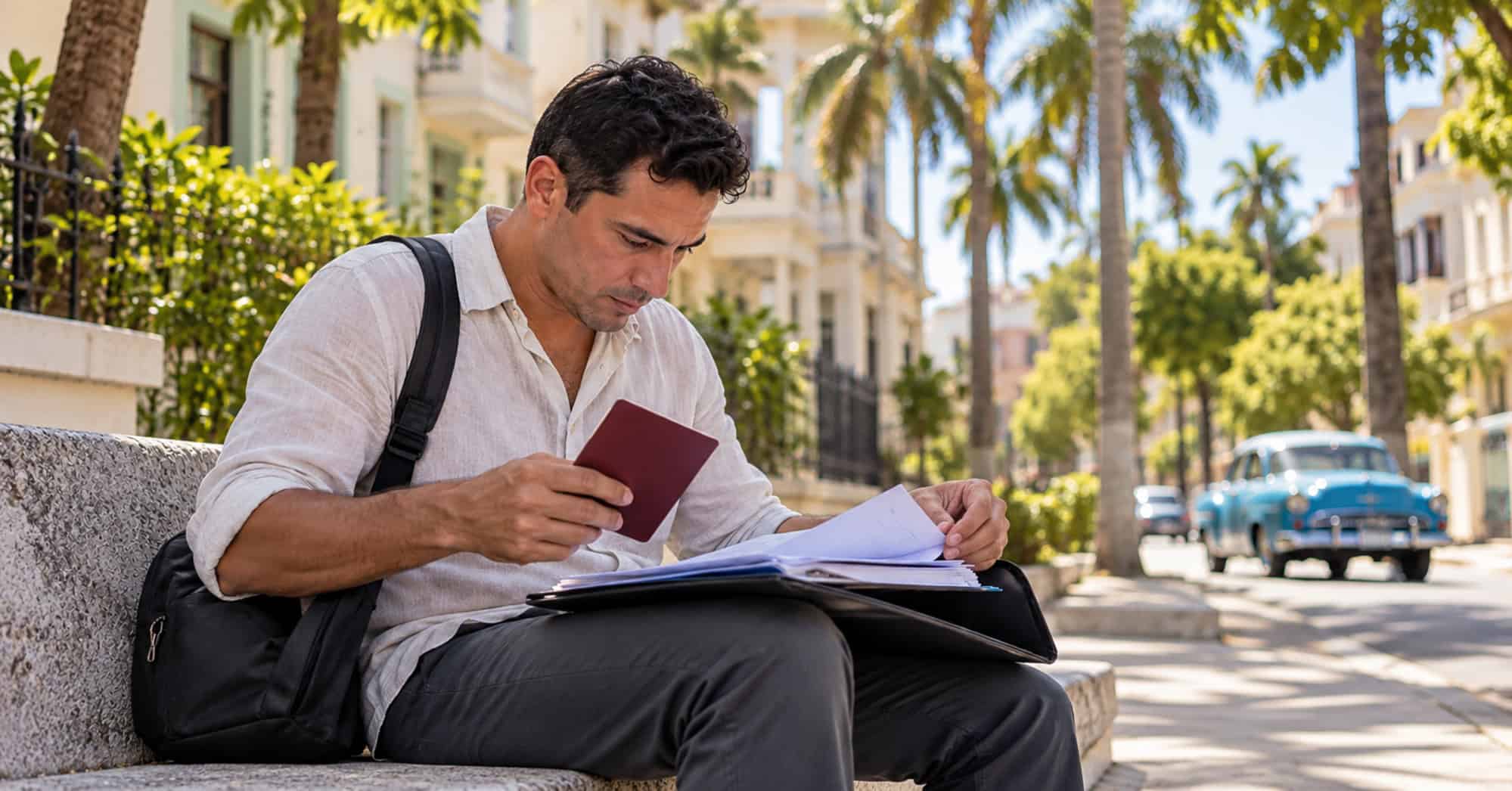 Persona revisa documentos de viaje y sostiene un pasaporte cubano en una calle de La Habana.
