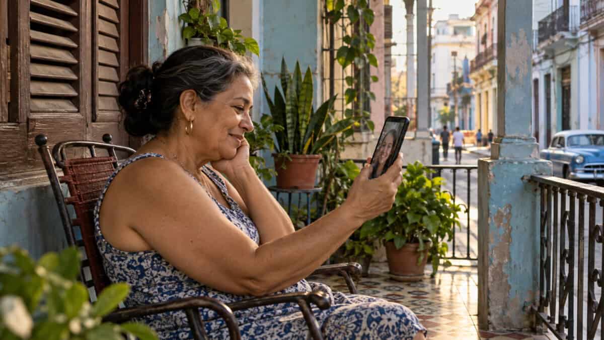 Mujer cubana sostiene una videollamada desde el portal de su vivienda en La Habana.