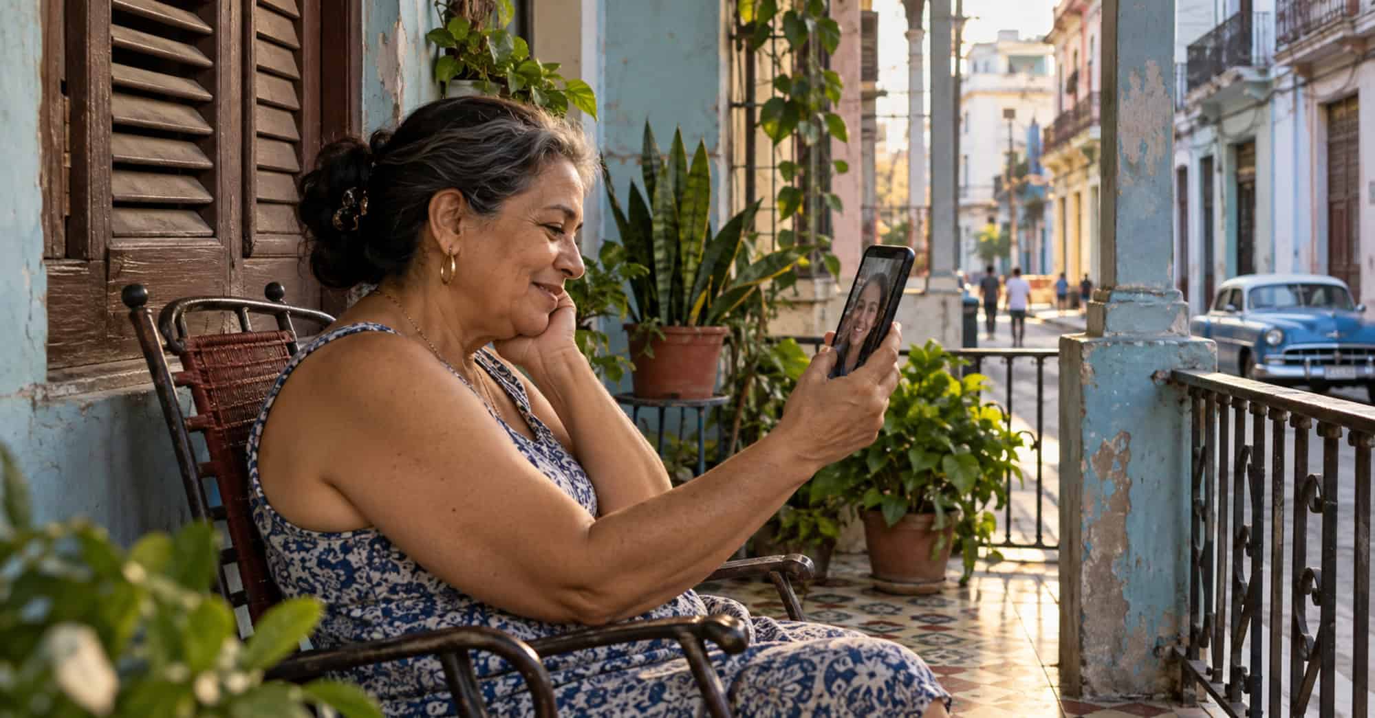 Mujer cubana sostiene una videollamada desde el portal de su vivienda en La Habana.