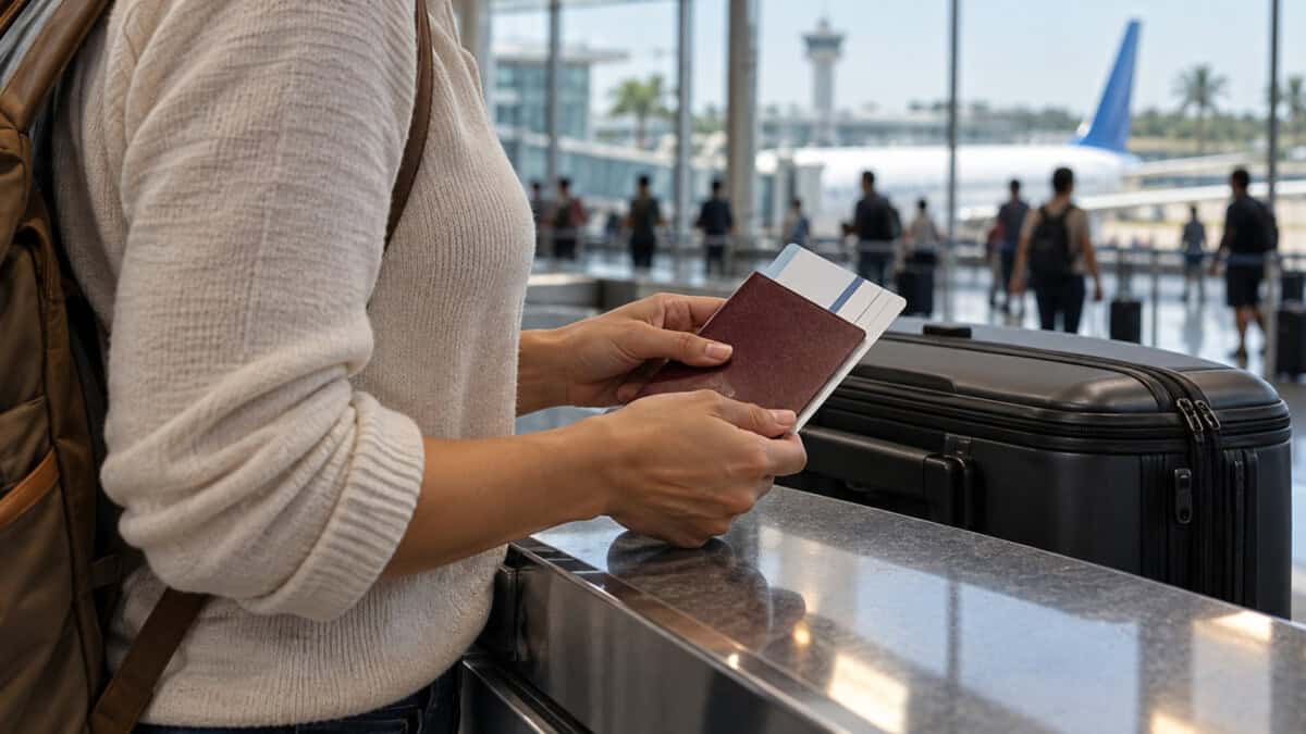 Viajera con pasaporte cerrado, documentos y equipaje de mano en un aeropuerto