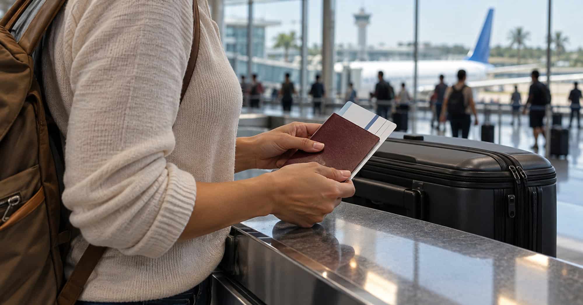 Viajera con pasaporte cerrado, documentos y equipaje de mano en un aeropuerto