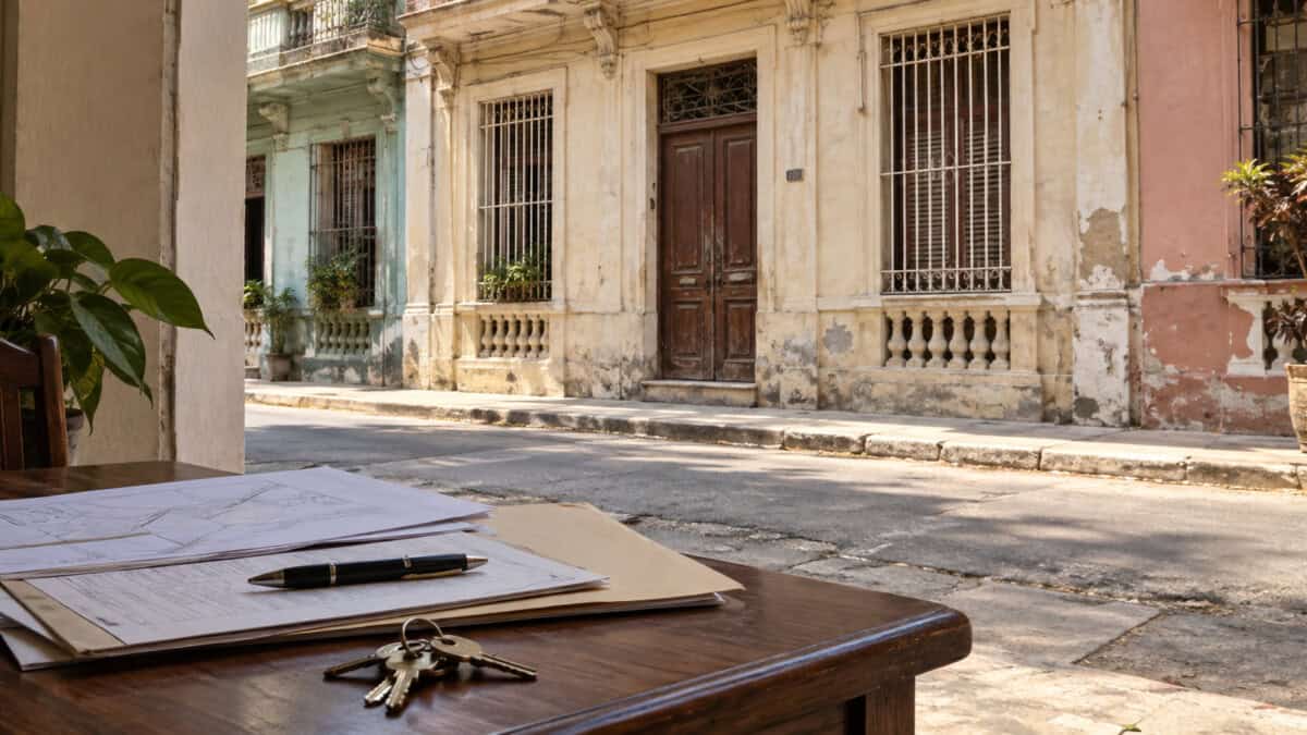 Documentos, un bolígrafo y llaves sobre una mesa frente a una vivienda tradicional de La Habana.