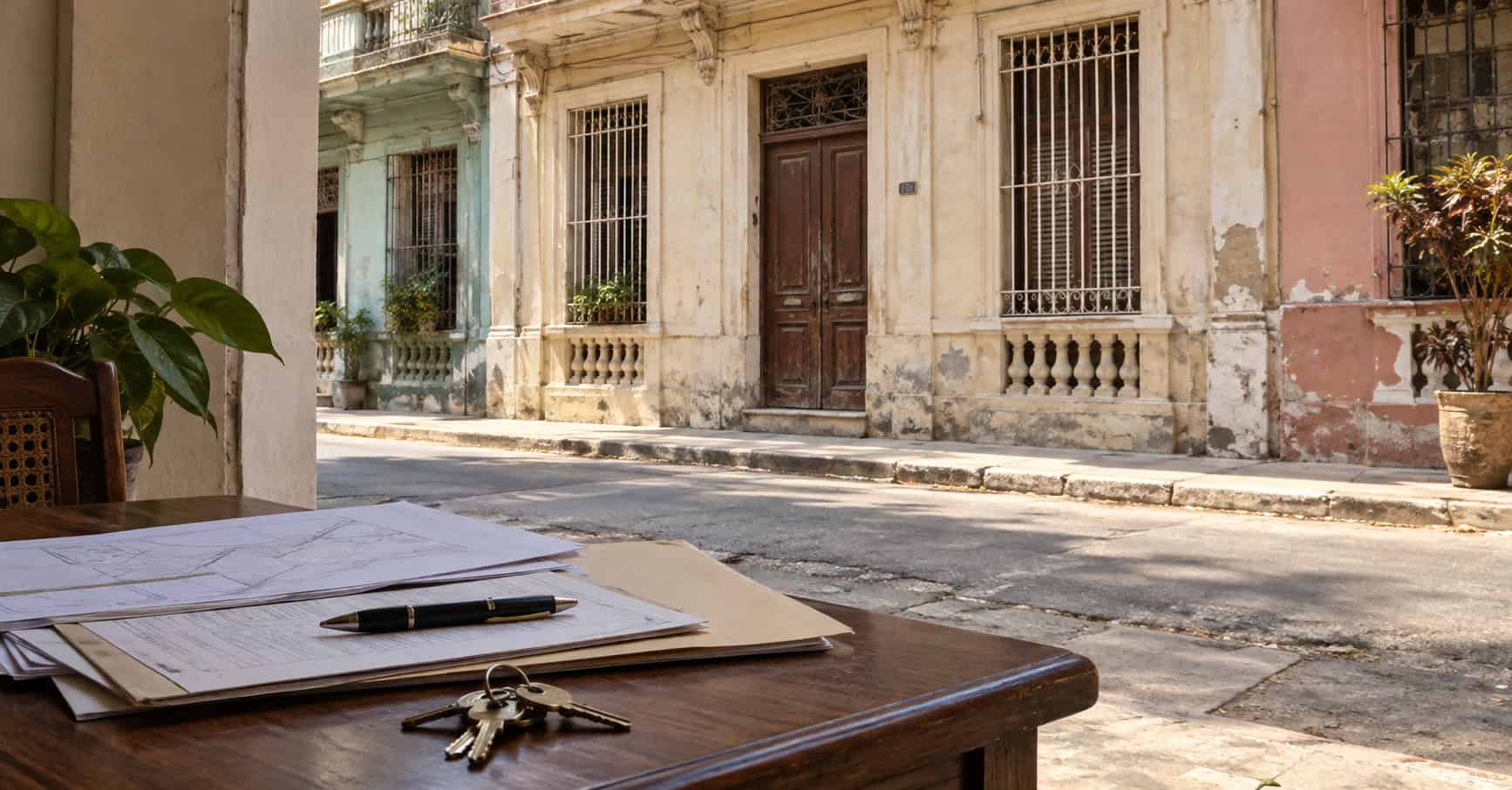 Documentos, un bolígrafo y llaves sobre una mesa frente a una vivienda tradicional de La Habana.