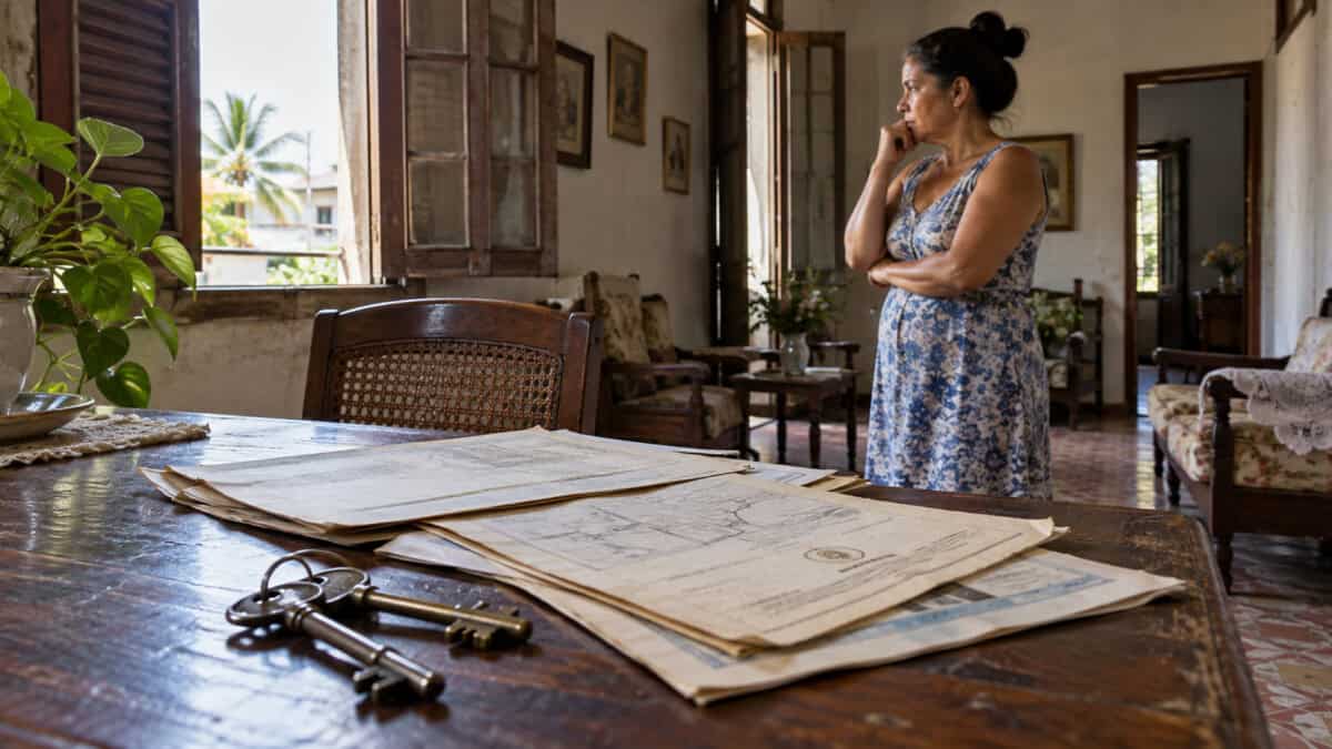 Llaves y documentos sobre una mesa en una vivienda cubana, con una mujer de pie al fondo.