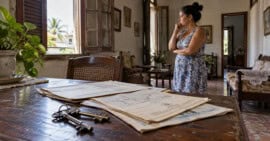 Llaves y documentos sobre una mesa en una vivienda cubana, con una mujer de pie al fondo.