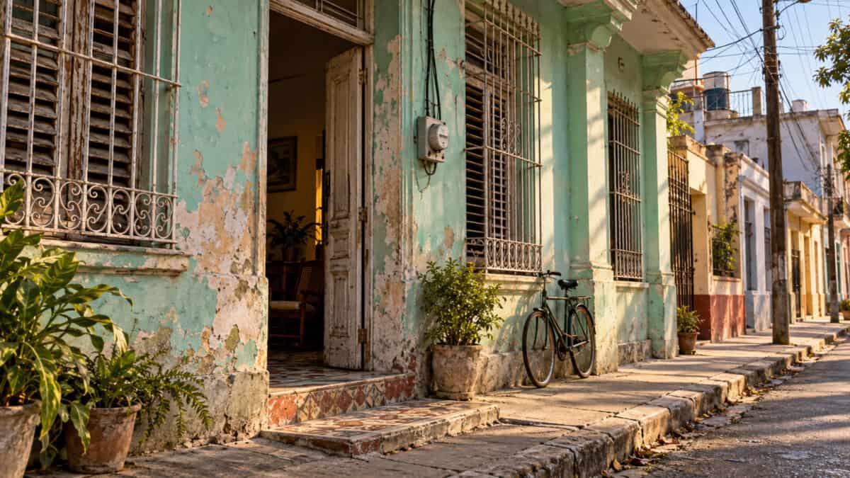 Fachada de una vivienda cubana con paredes desgastadas, ventanas con rejas y una bicicleta junto a la entrada.