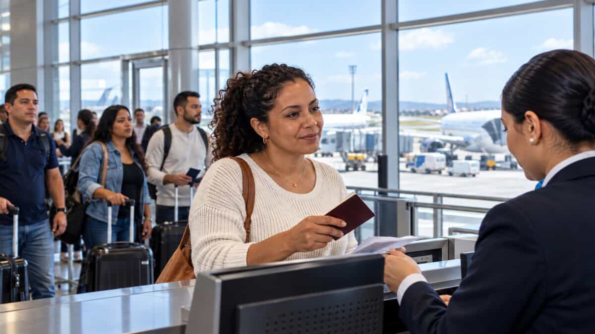Una pasajera presenta su pasaporte y documentos a una empleada aeroportuaria mientras otros viajeros esperan con sus maletas.