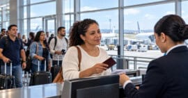 Una pasajera presenta su pasaporte y documentos a una empleada aeroportuaria mientras otros viajeros esperan con sus maletas.