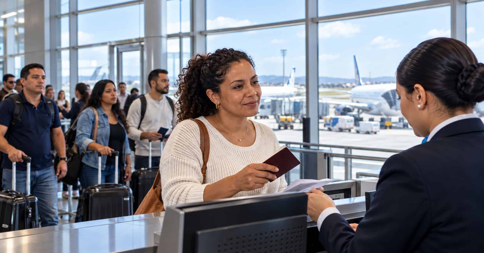 Una pasajera presenta su pasaporte y documentos a una empleada aeroportuaria mientras otros viajeros esperan con sus maletas.