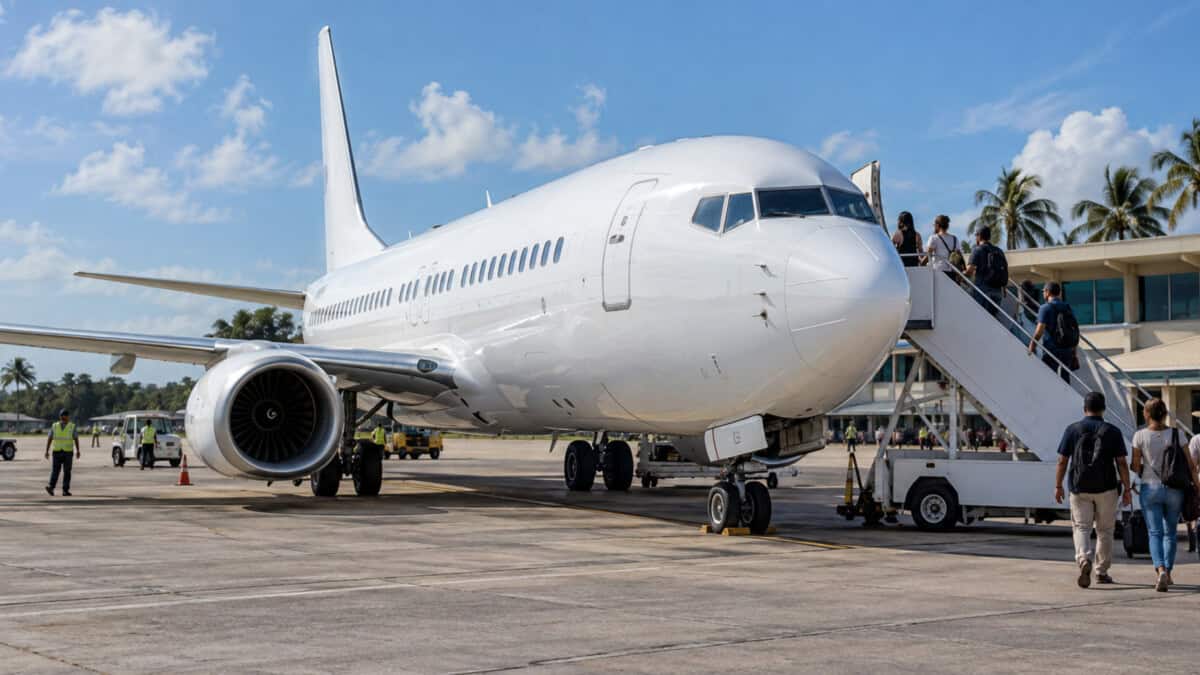Avión comercial estacionado en una plataforma aeroportuaria caribeña, con viajeros junto a una escalera de embarque.