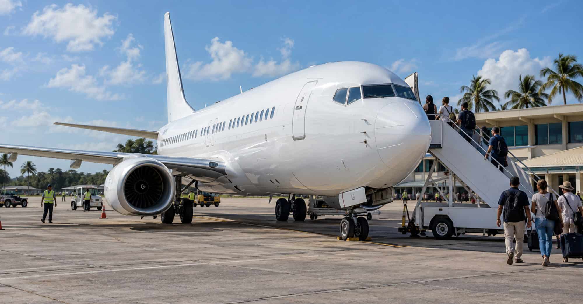 Avión comercial estacionado en una plataforma aeroportuaria caribeña, con viajeros junto a una escalera de embarque.