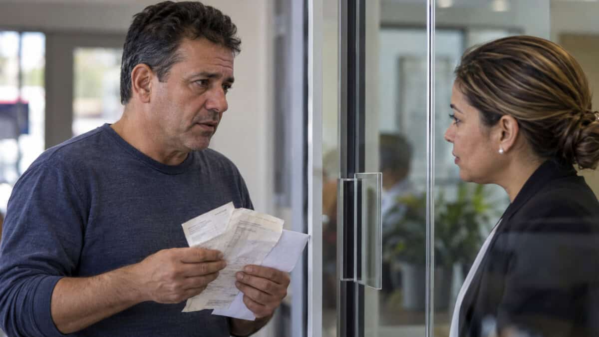 Hombre con recibos de transferencias y un sobre conversa con una empleada a través de una ventanilla vertical.